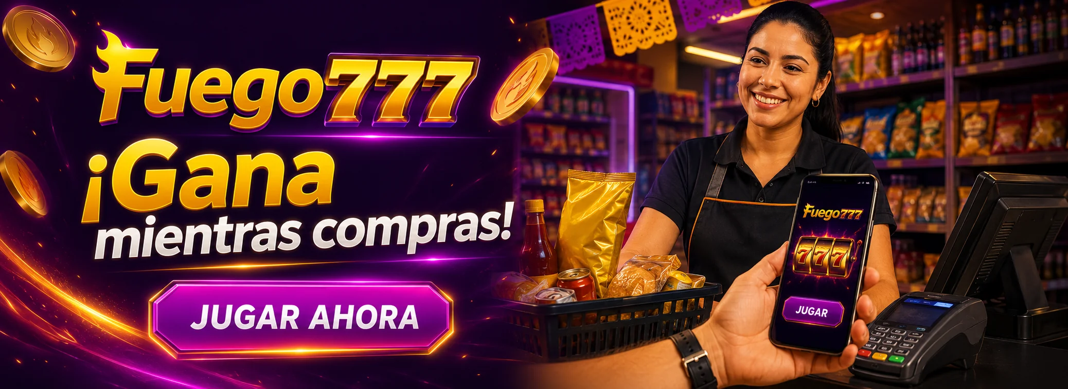 Banner de Fuego777 Casino con el bono de bienvenida de 100% hasta $5,000 MXN y pago en OXXO Pay